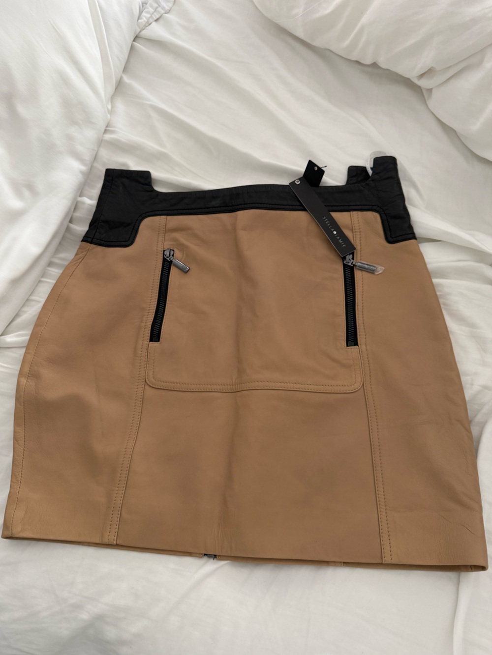 Stella & Jamie Tan Leather Skirt Black Trim